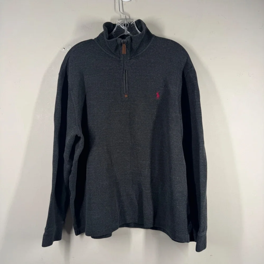Polo Ralph Lauren Mens 1/4 Zip Pullover Charcoal Gray Black Cotton Sweater Sz L
